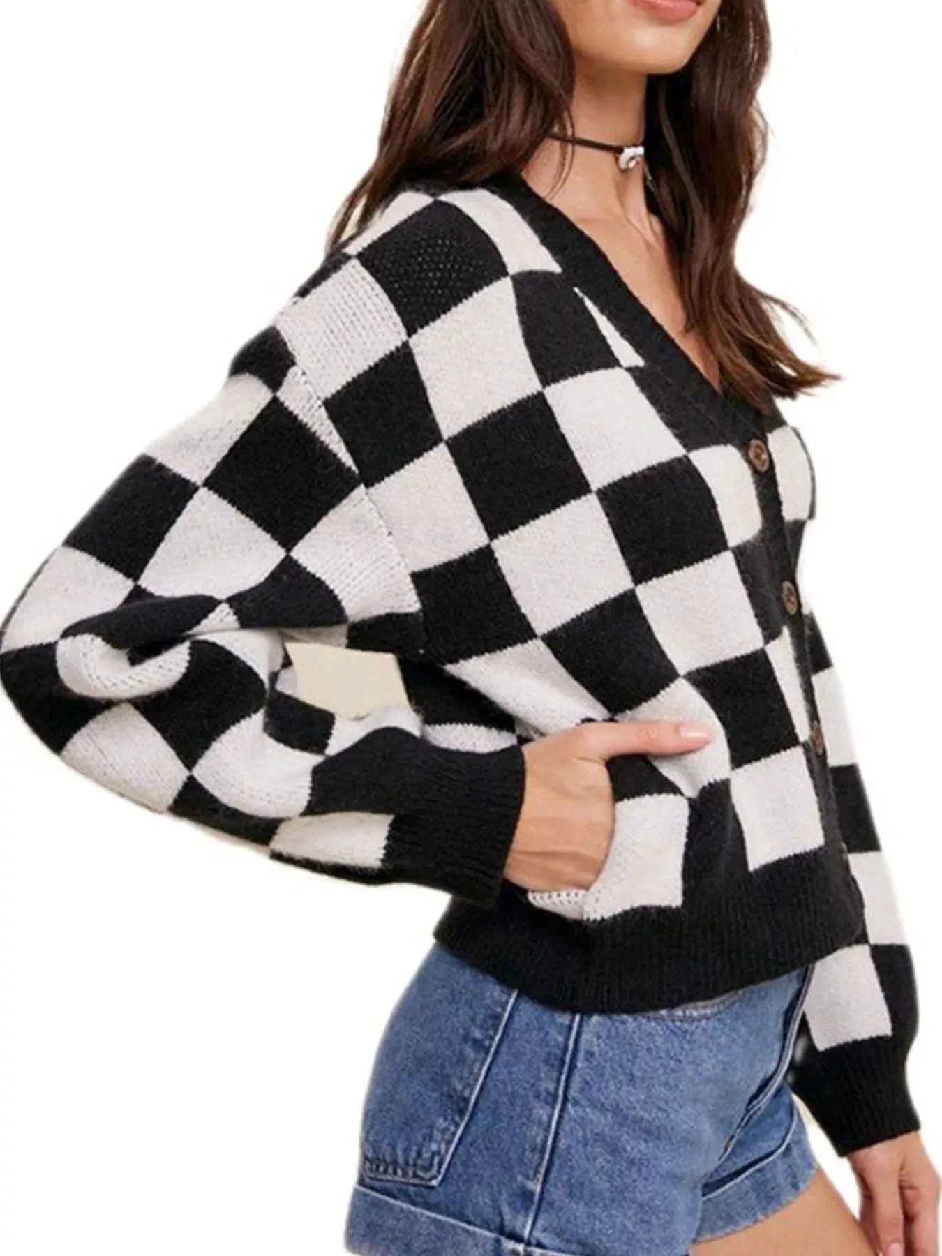 Checkerboard Pattern Button-Down Cardigan by Trendsi