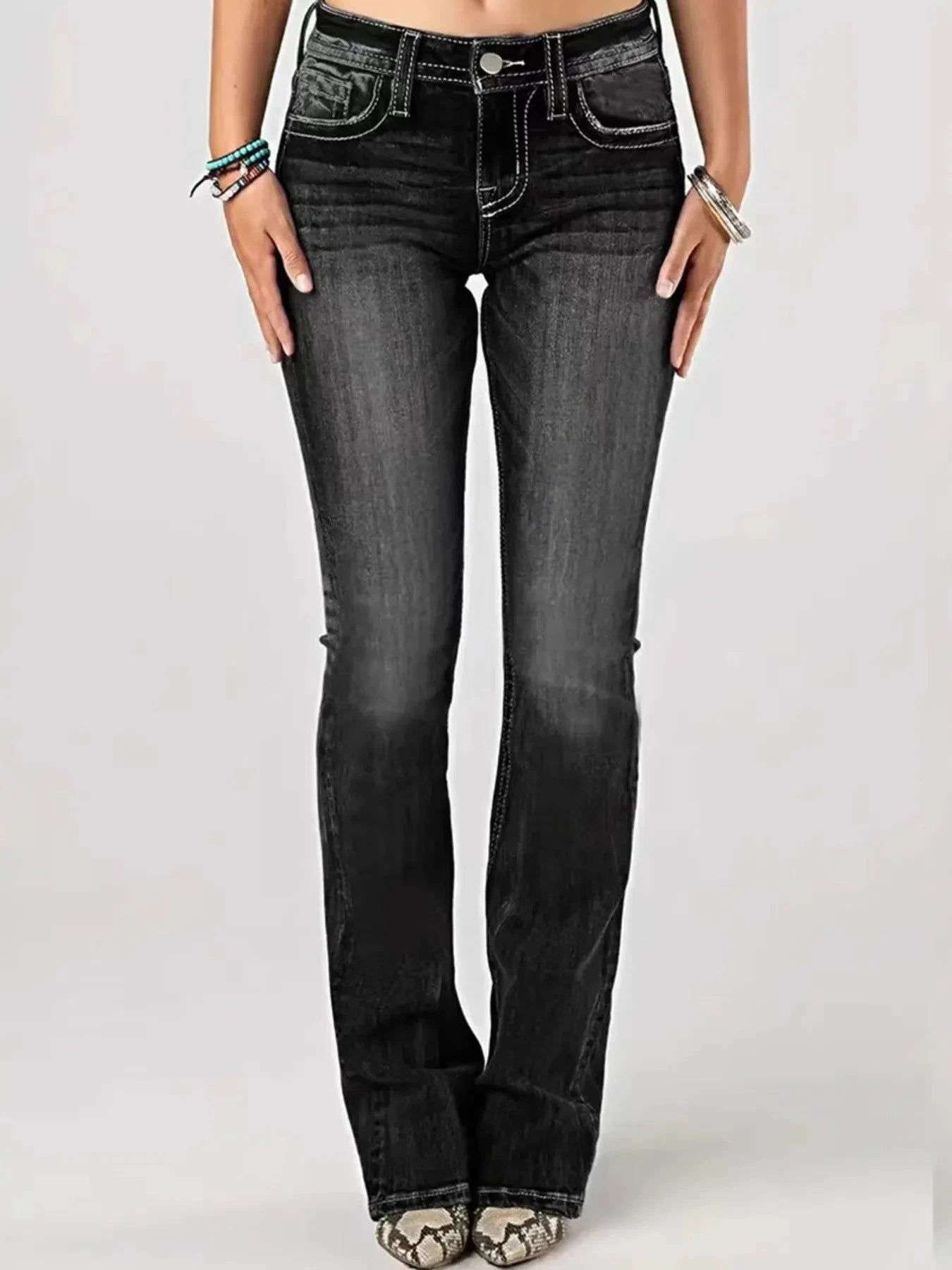 Embroidered Washed Bootcut Jeans by Trendsi