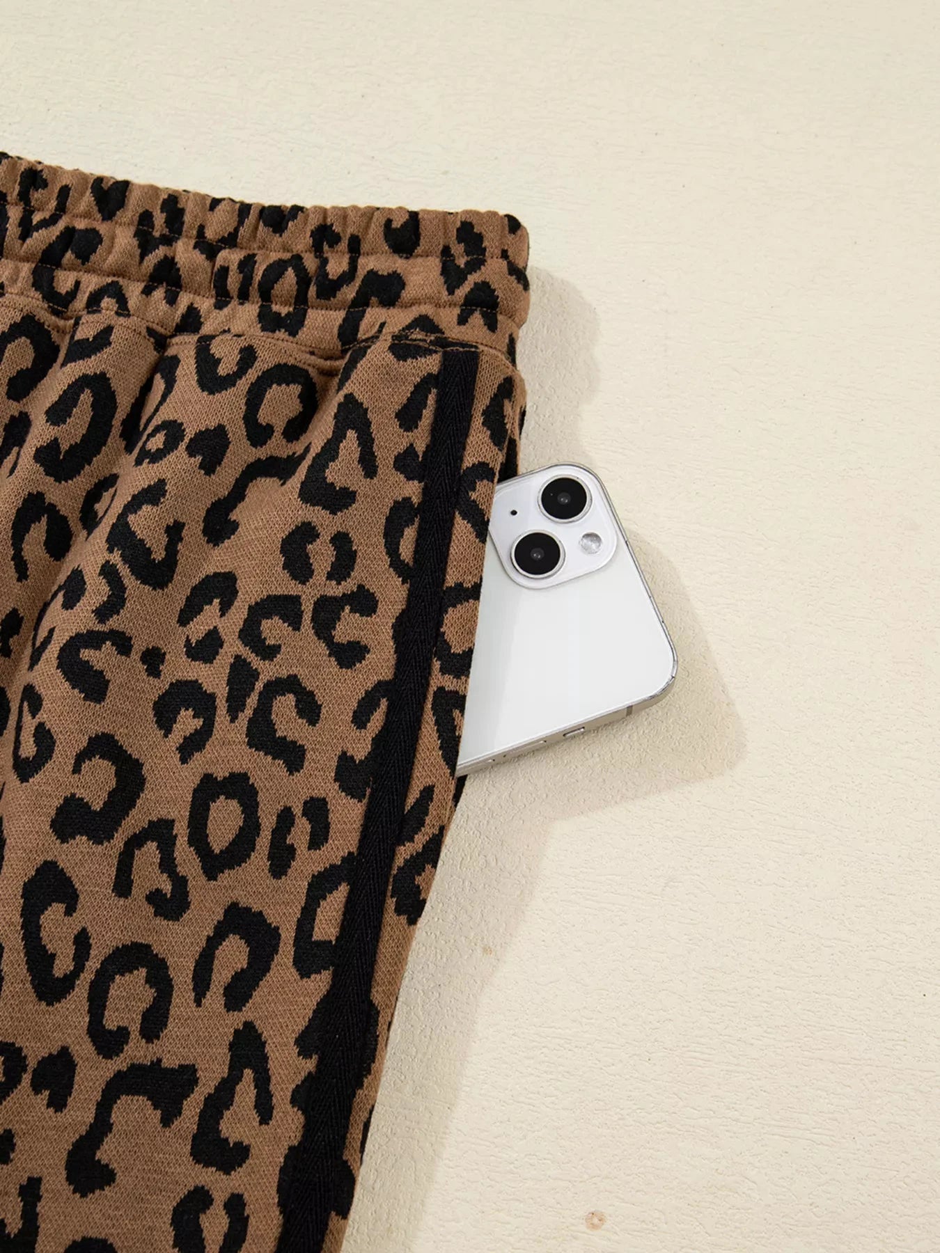 Striped Trim Leopard Long Sleeve Top Drawstring Pant Set by Trendsi