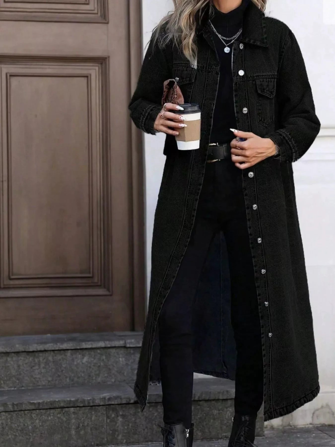 Longline Button-Front Denim Jacket by Trendsi