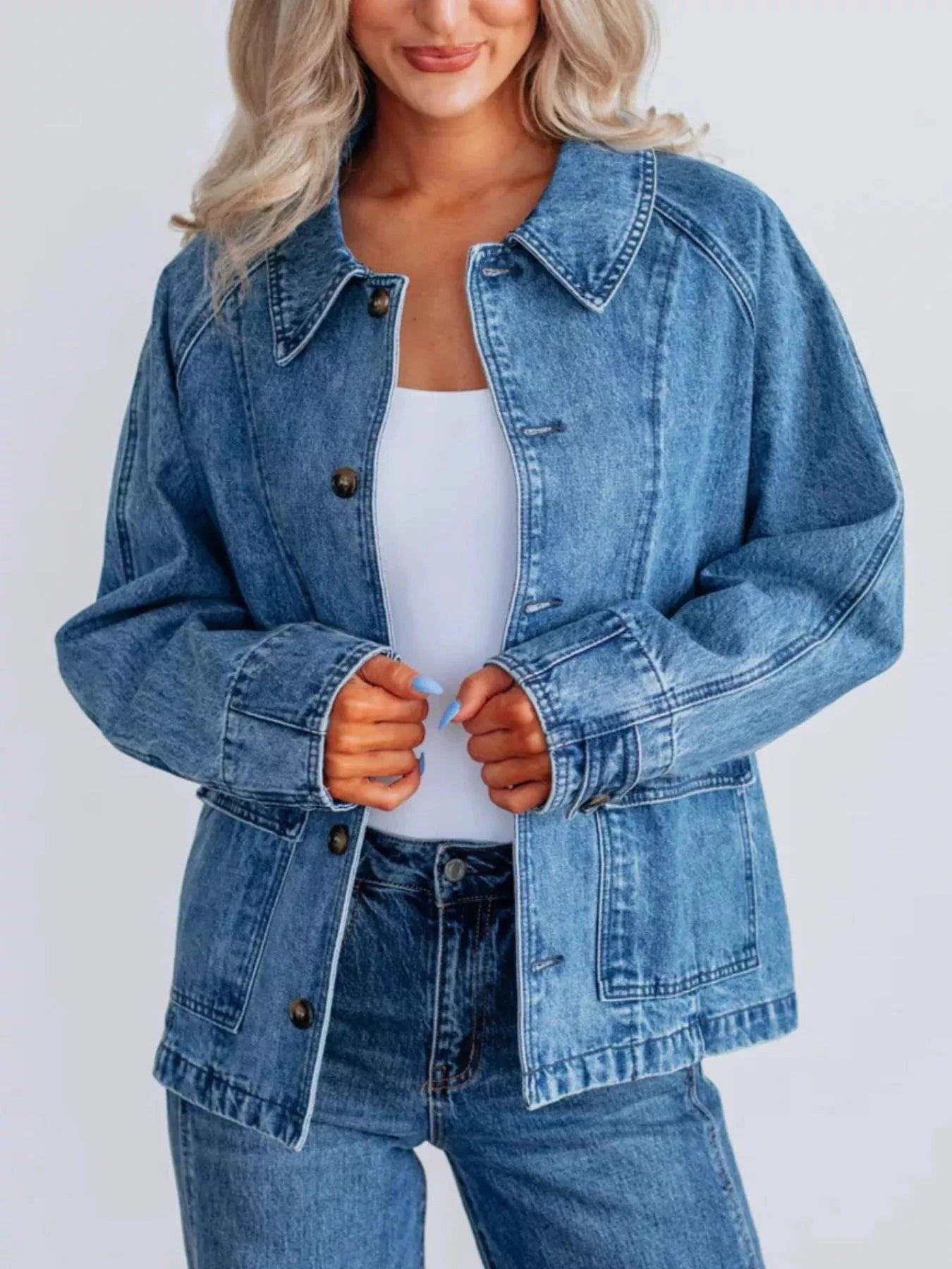 Button Up Raglan Sleeve Denim Jacket by Trendsi