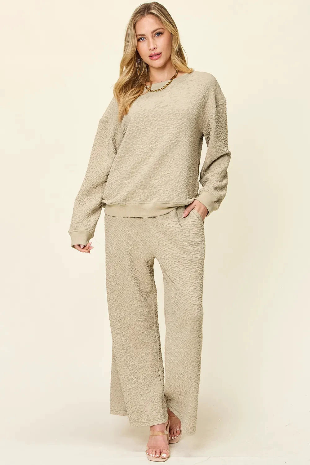 Double Take Full Size Texture Long Sleeve Top and Pants Set by Trendsi