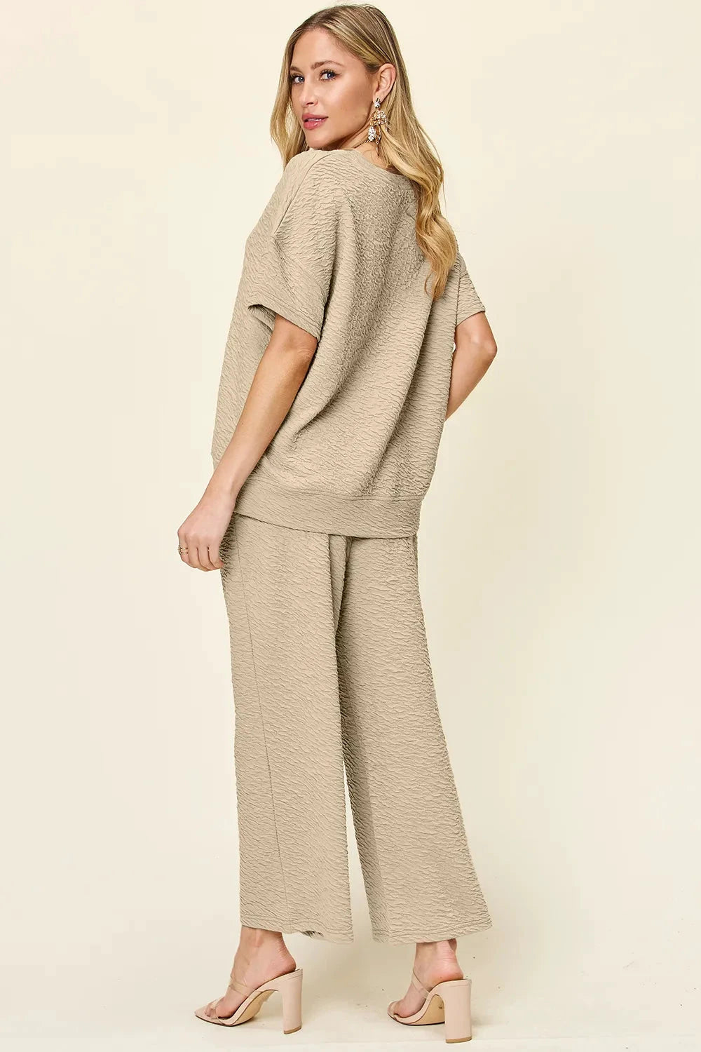 Double Take Full Size Texture Short Sleeve Top and Pants Set by Trendsi
