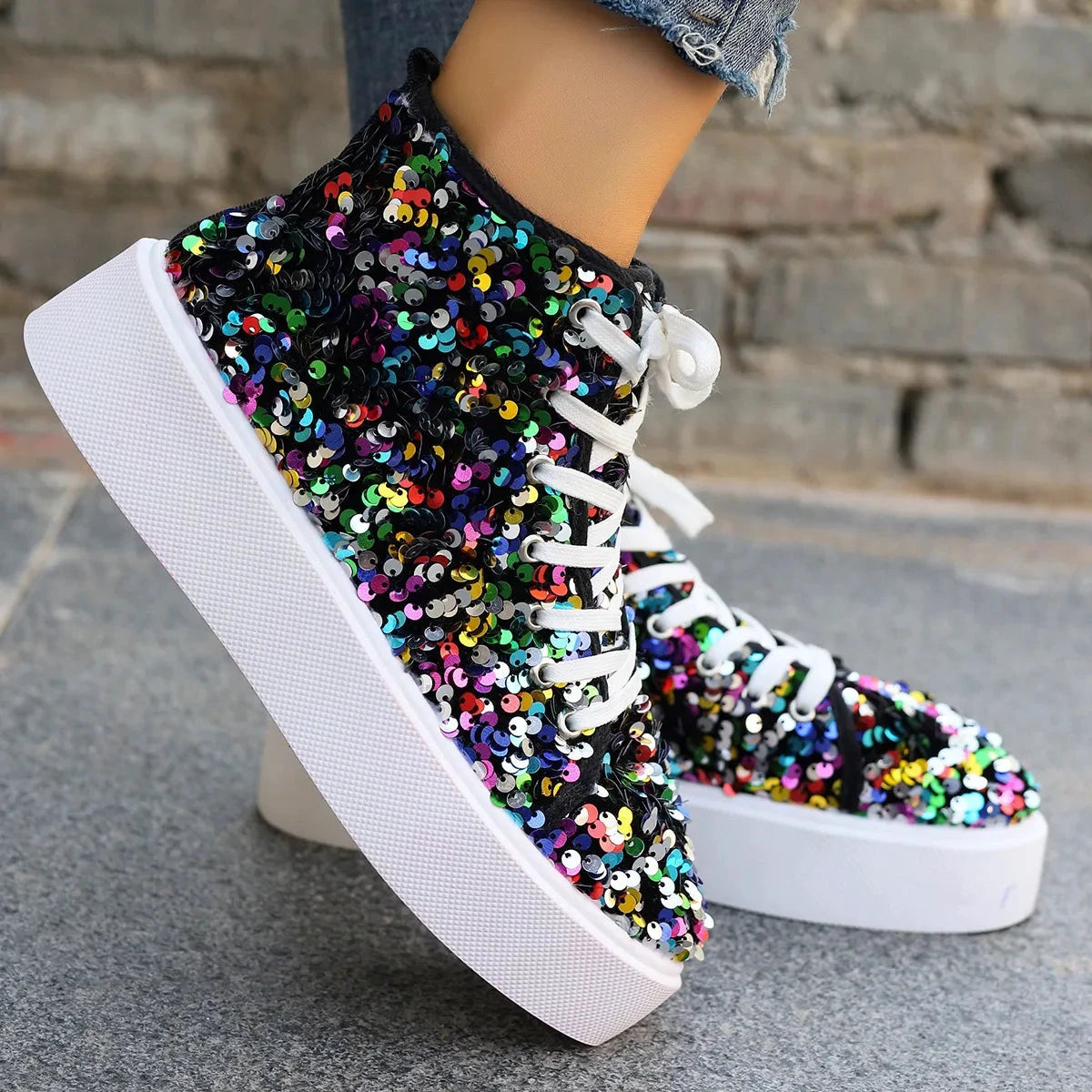 Sequin Round Toe Platform Sneakers by Trendsi