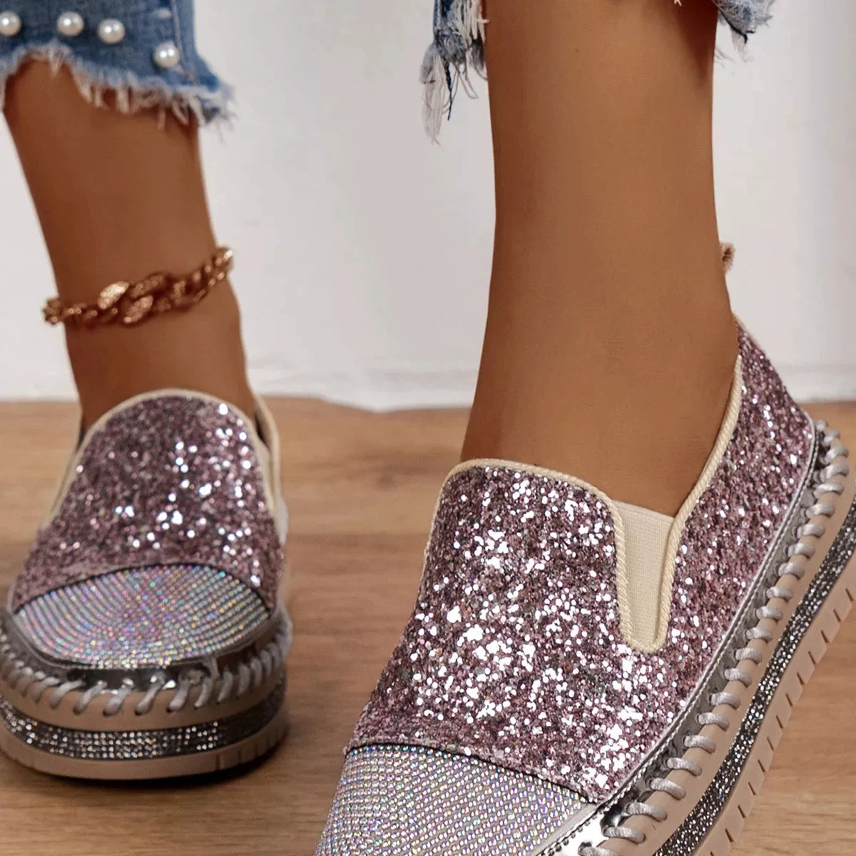 Rhinestone Sequin Round Toe Platform Loafers by Trendsi