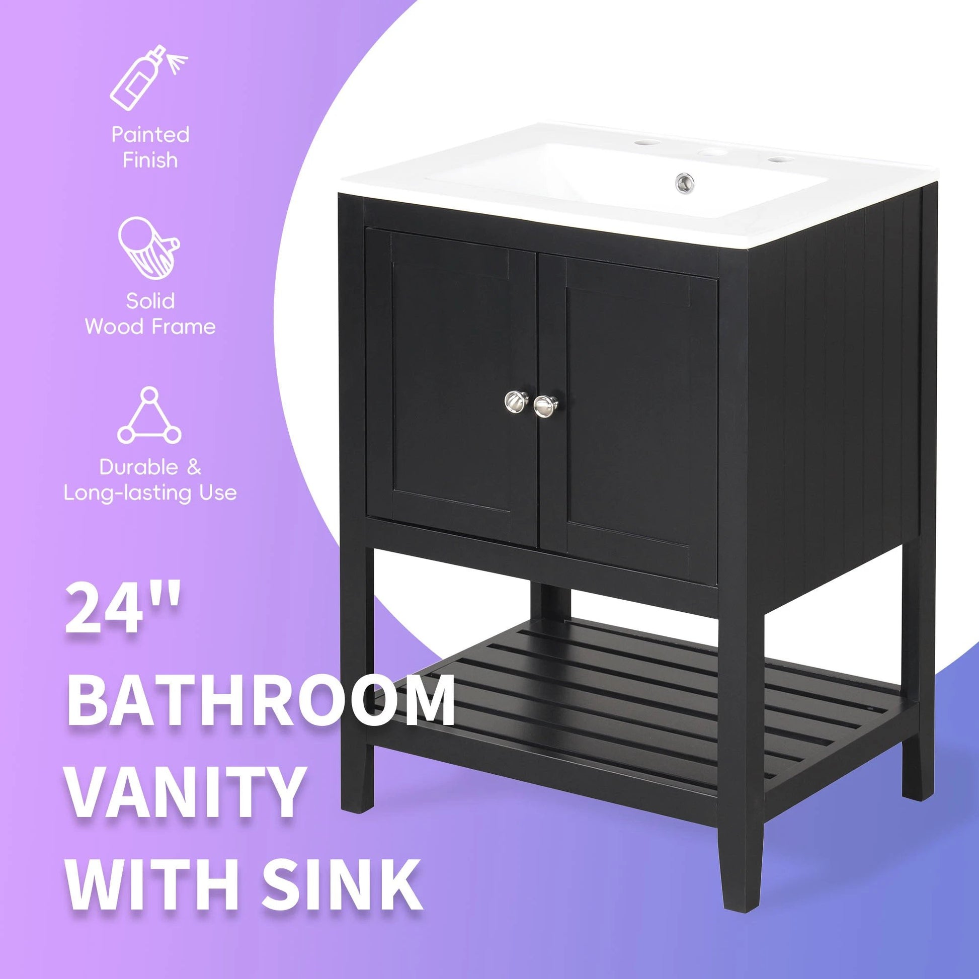 24" Black Modern Sleek Bathroom Vanity Elegant Ceramic Sink with Solid Wood Frame Open Style Shelf by eprolo