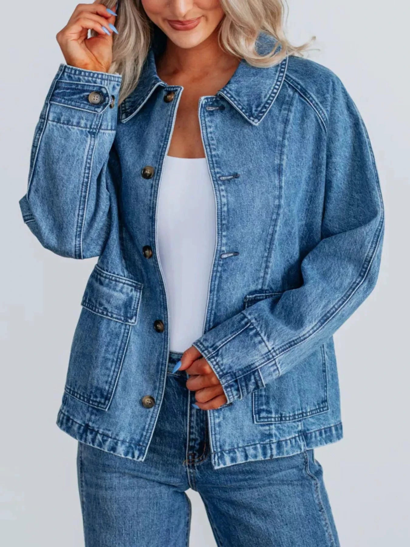 Button Up Raglan Sleeve Denim Jacket by Trendsi