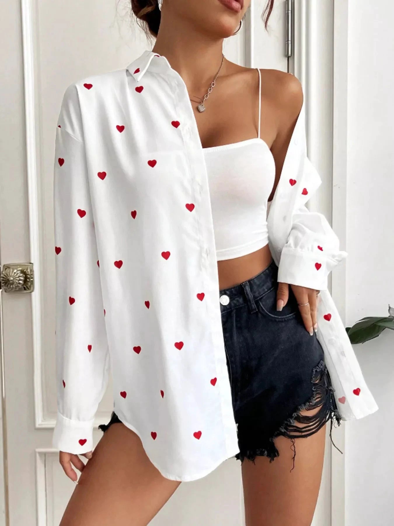 Heart Button Up Oversized Shirt by Trendsi