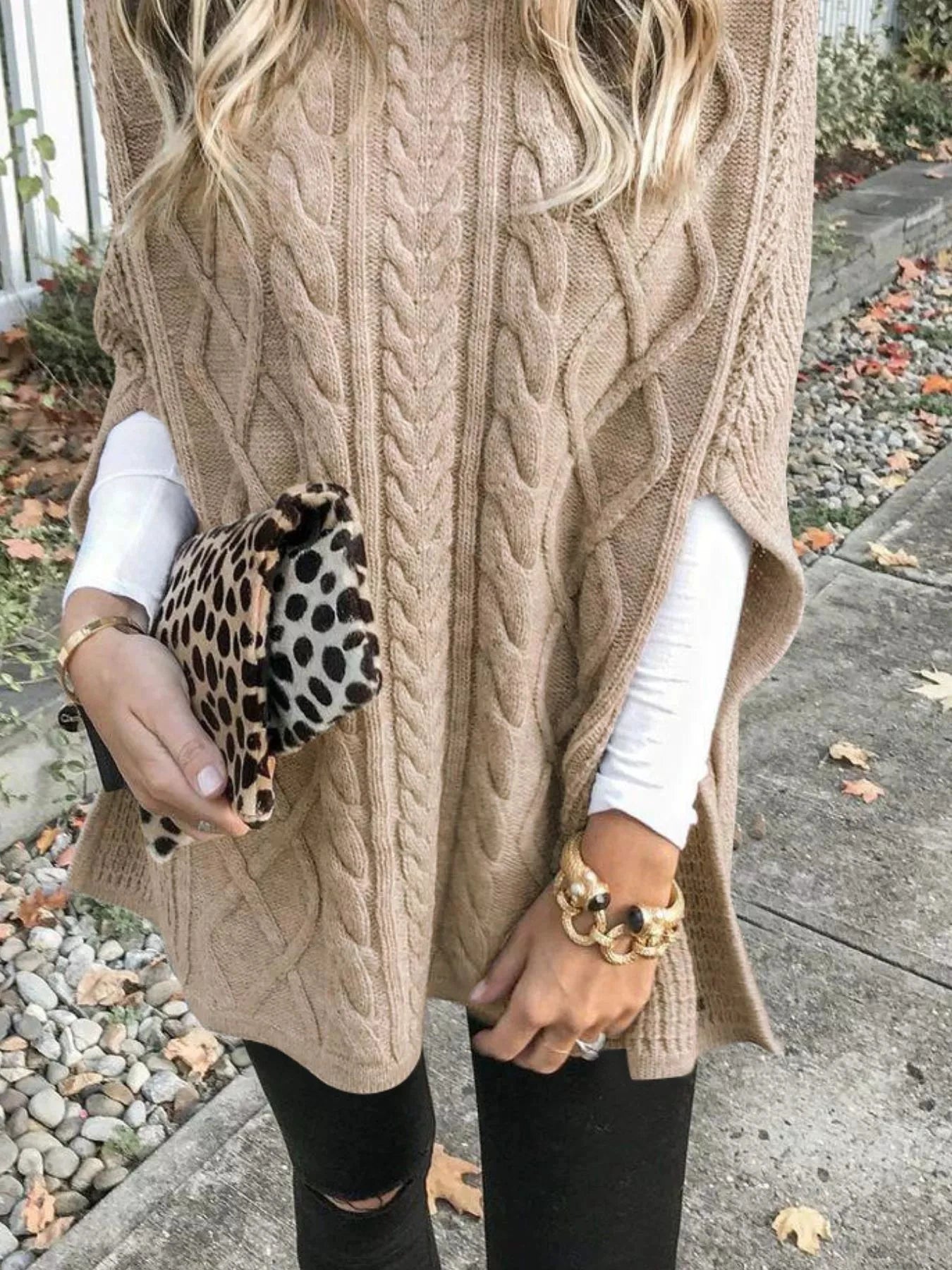 Chunky Cable Knit Turtleneck Poncho Cover Up by Trendsi