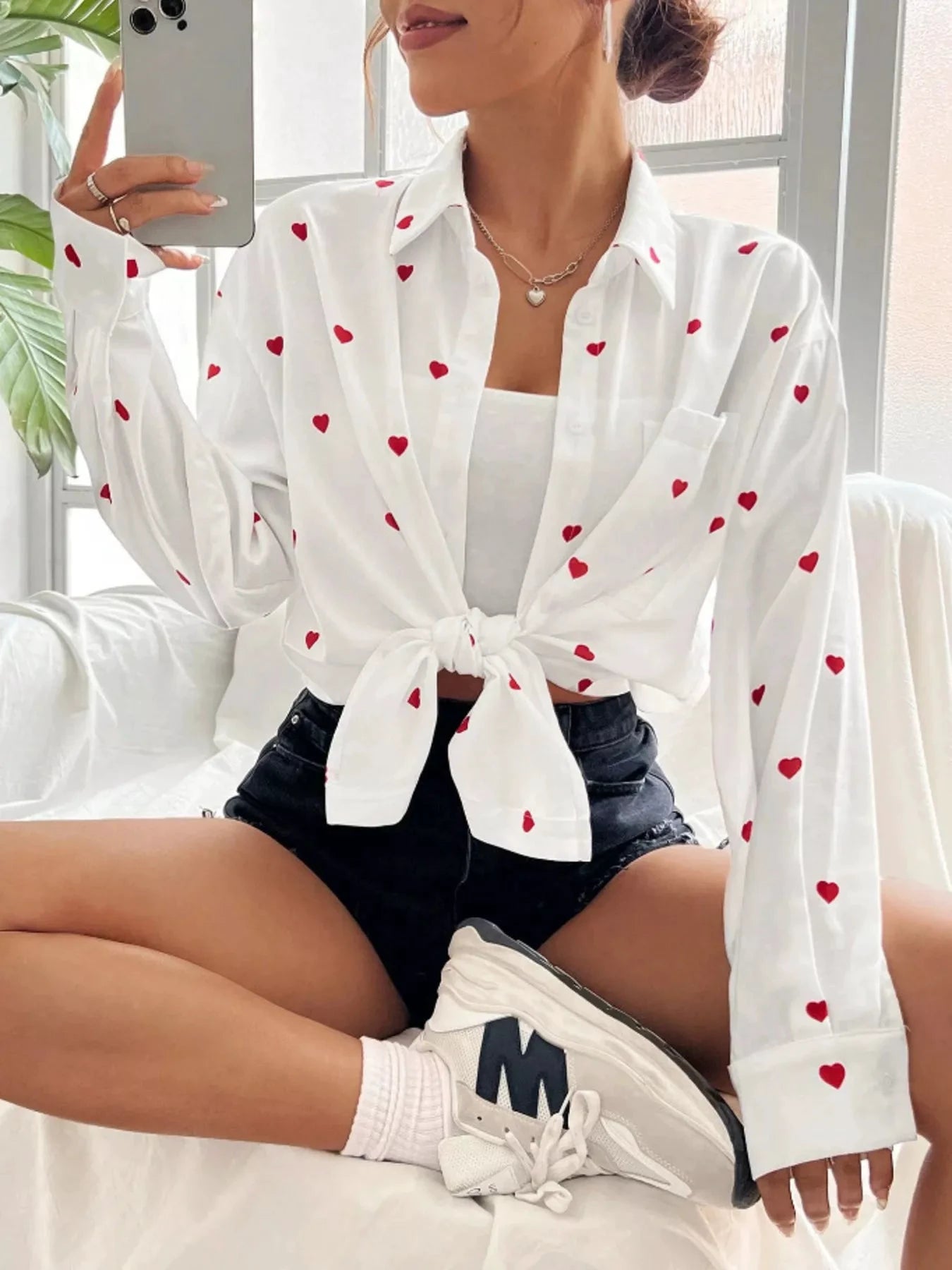 Heart Button Up Oversized Shirt by Trendsi