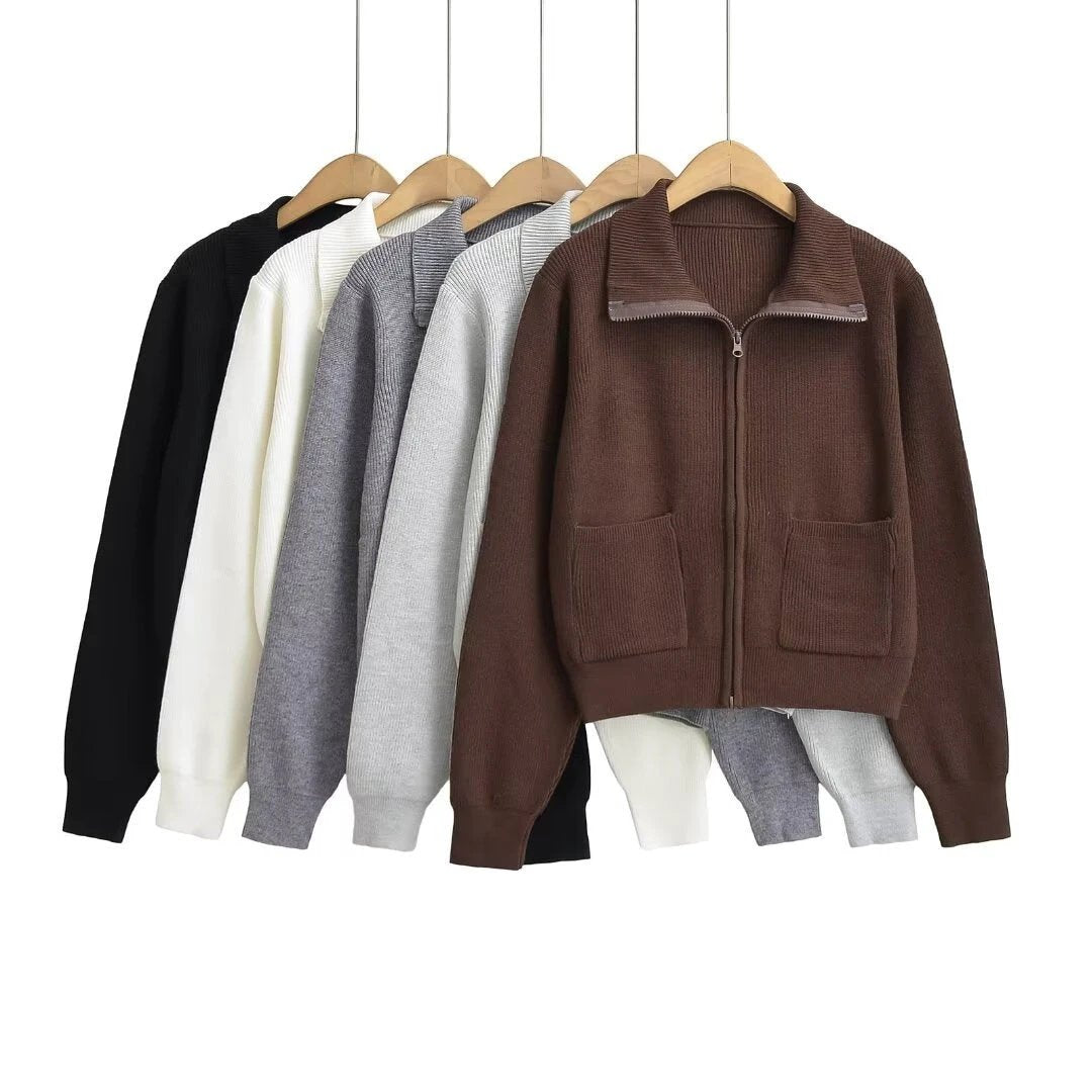 Zipper lapel long sleeved pocket top by eprolo