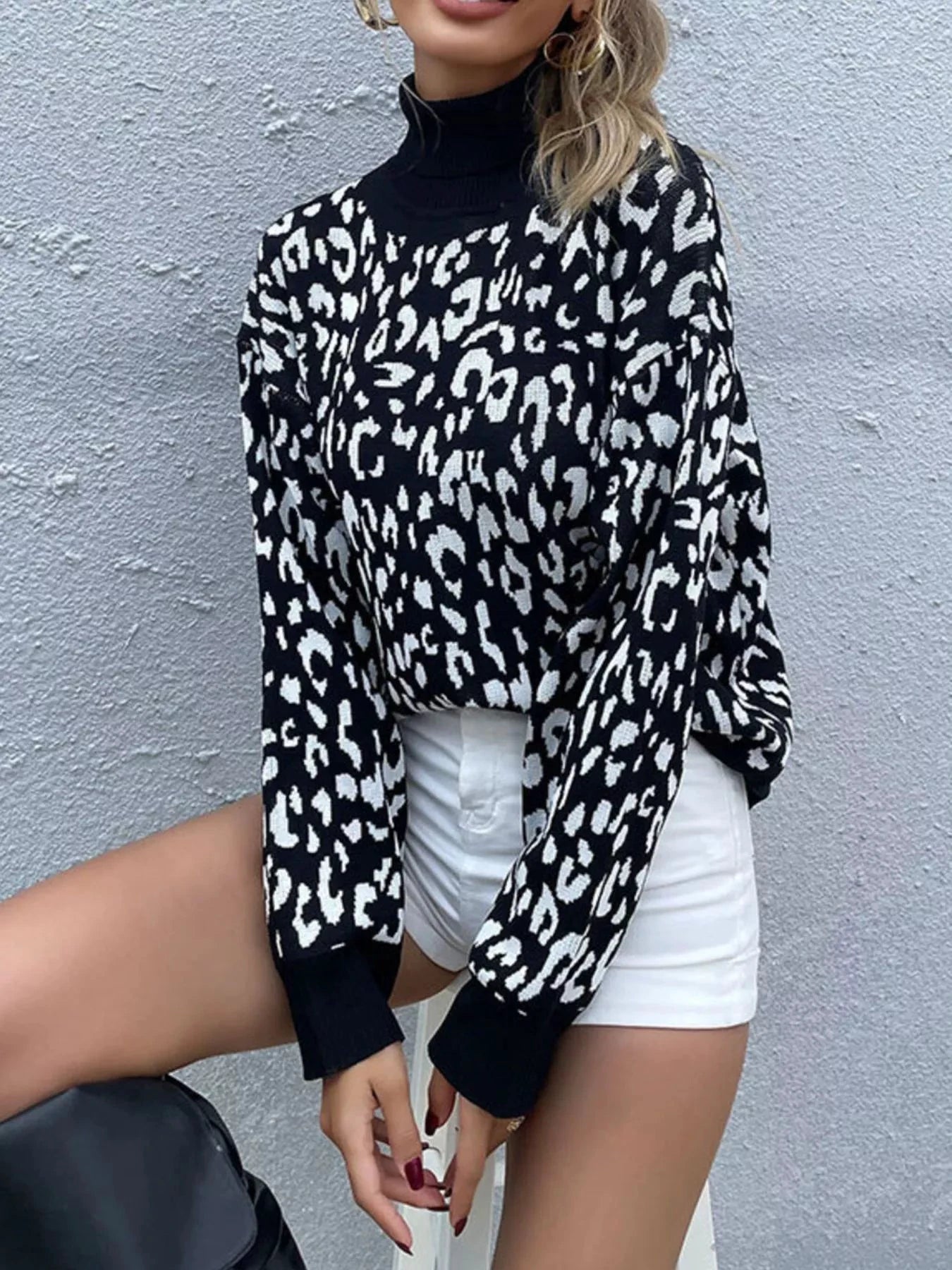 Leopard High Neck Pullover Sweater by Trendsi