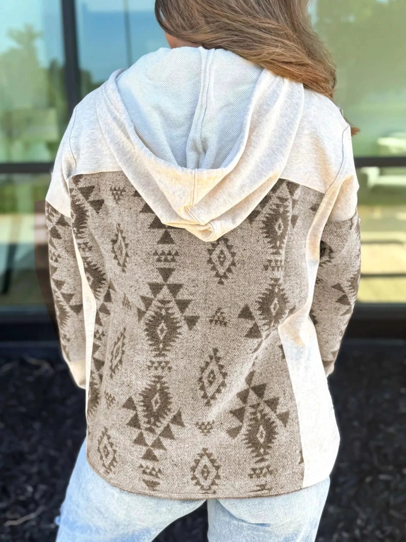 Western Aztec Print Color Block Patchwork Drawstring Hooded Shacket by Trendsi