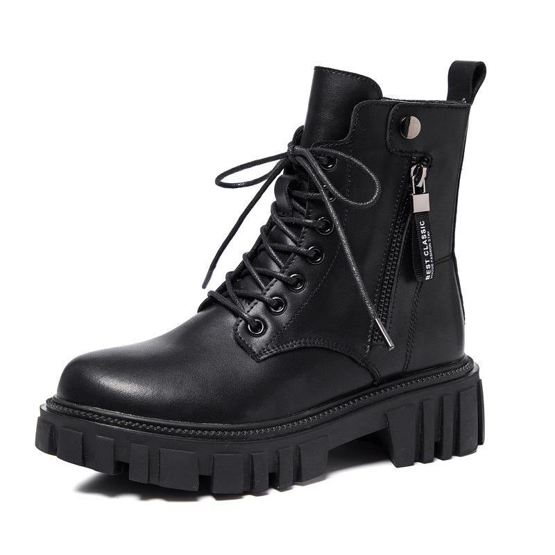 Bottines noires à semelle épaisse pour femmes avec fermeture éclair latérale