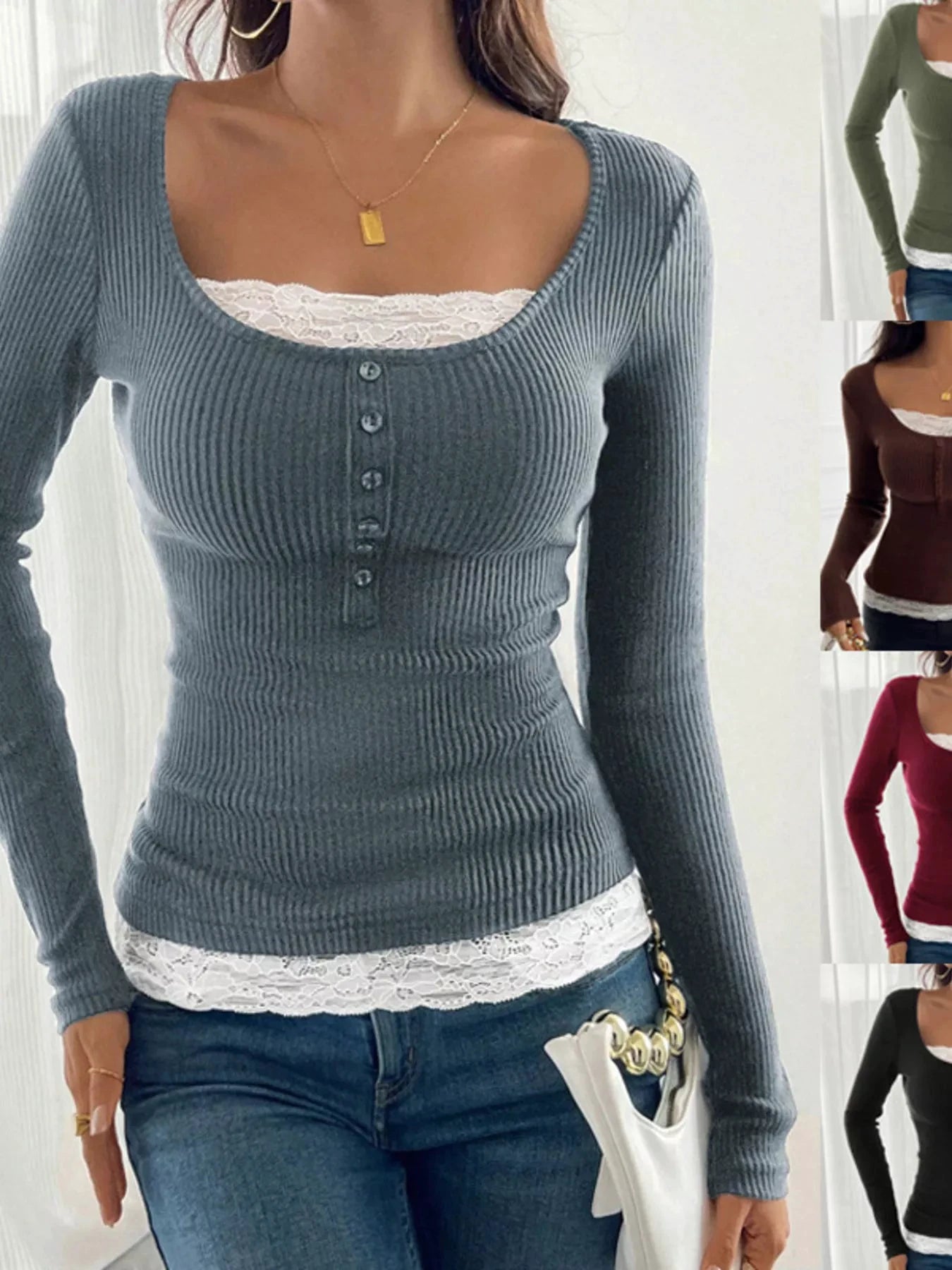 Lace Detail Long Sleeve Ribbed Top by Trendsi