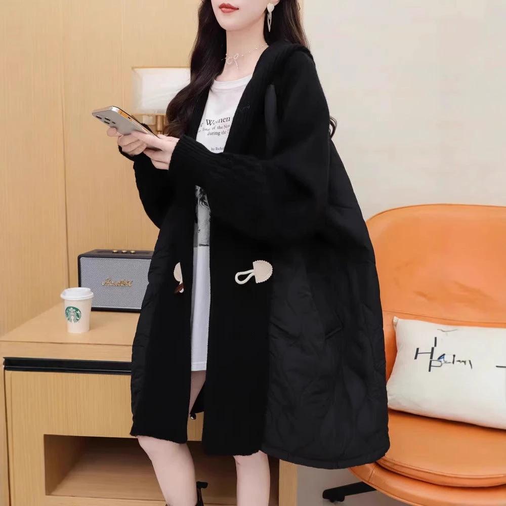 Plus Size Patchwork Hooded Women's Winter Toggle Button Loose Mid-Length Cotton Coat by eprolo