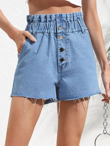 Fashionable high waisted loose and slimming denim shorts with frayed edges by eprolo