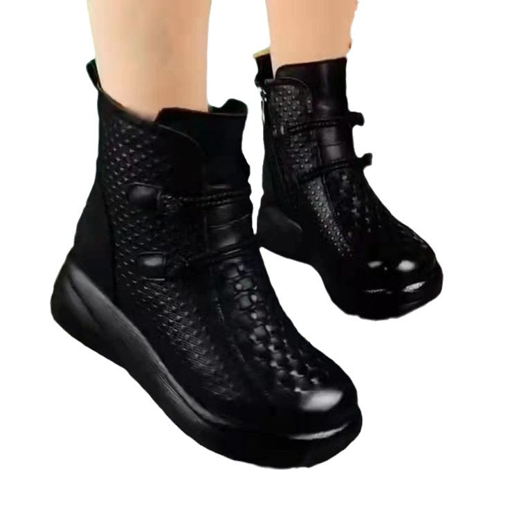 Womens Soft Leather Round-toe Soft-soled Fleece-lined Warm Boots