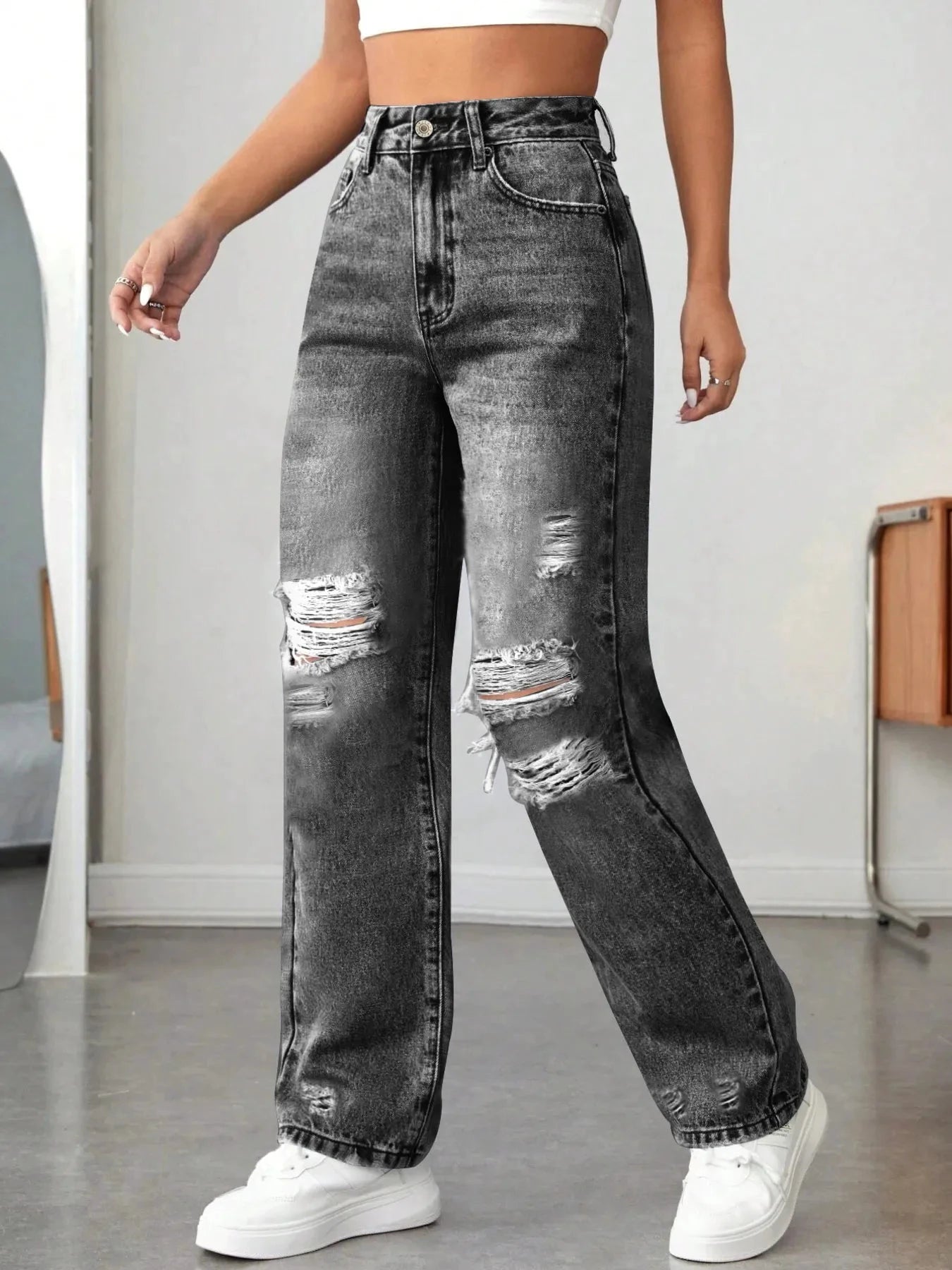 Distressed High Waisted Jeans by Trendsi