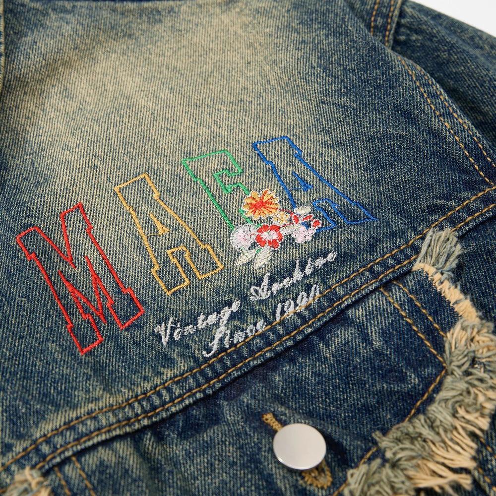 Floral Letter Embroidered Denim Jacket by eprolo