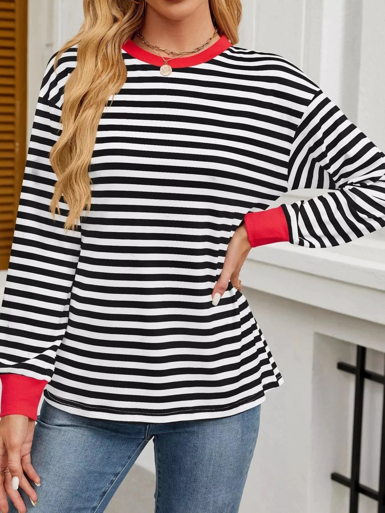 Striped Round Neck Long Sleeve T-Shirt by Trendsi