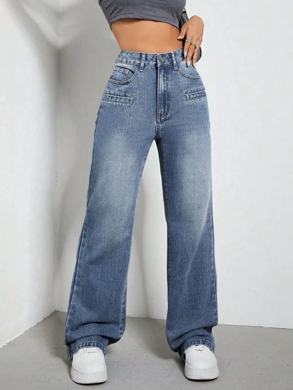 High Rise Wide Leg Jeans with Pockets by Trendsi