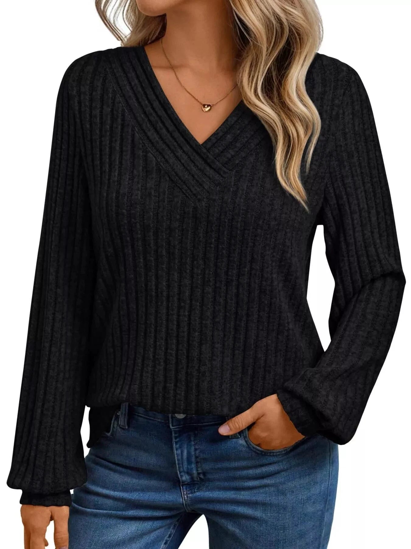 Ribbed Knit V-Neck Long Sleeve T-Shirt by Trendsi
