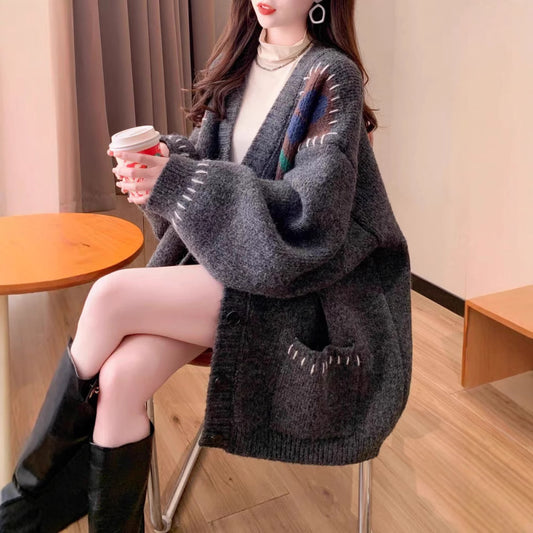 Vintage Oversized Floral Knit Cardigan for Women, V-Neck, Loose Bohemian Style, Thick Sweater Coat, Early Spring New Arrival