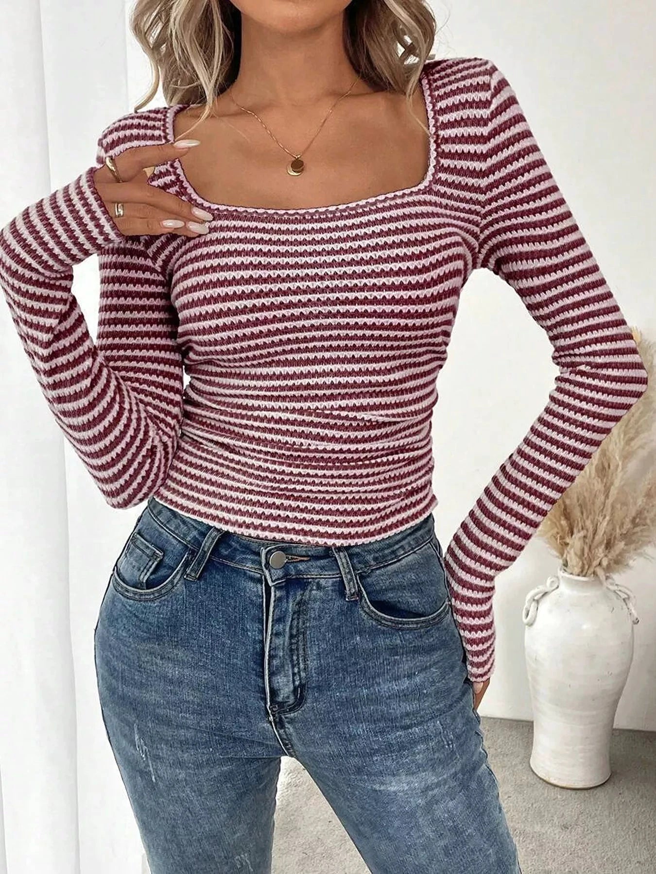 Striped Square Neck Long Sleeve T-Shirt by Trendsi