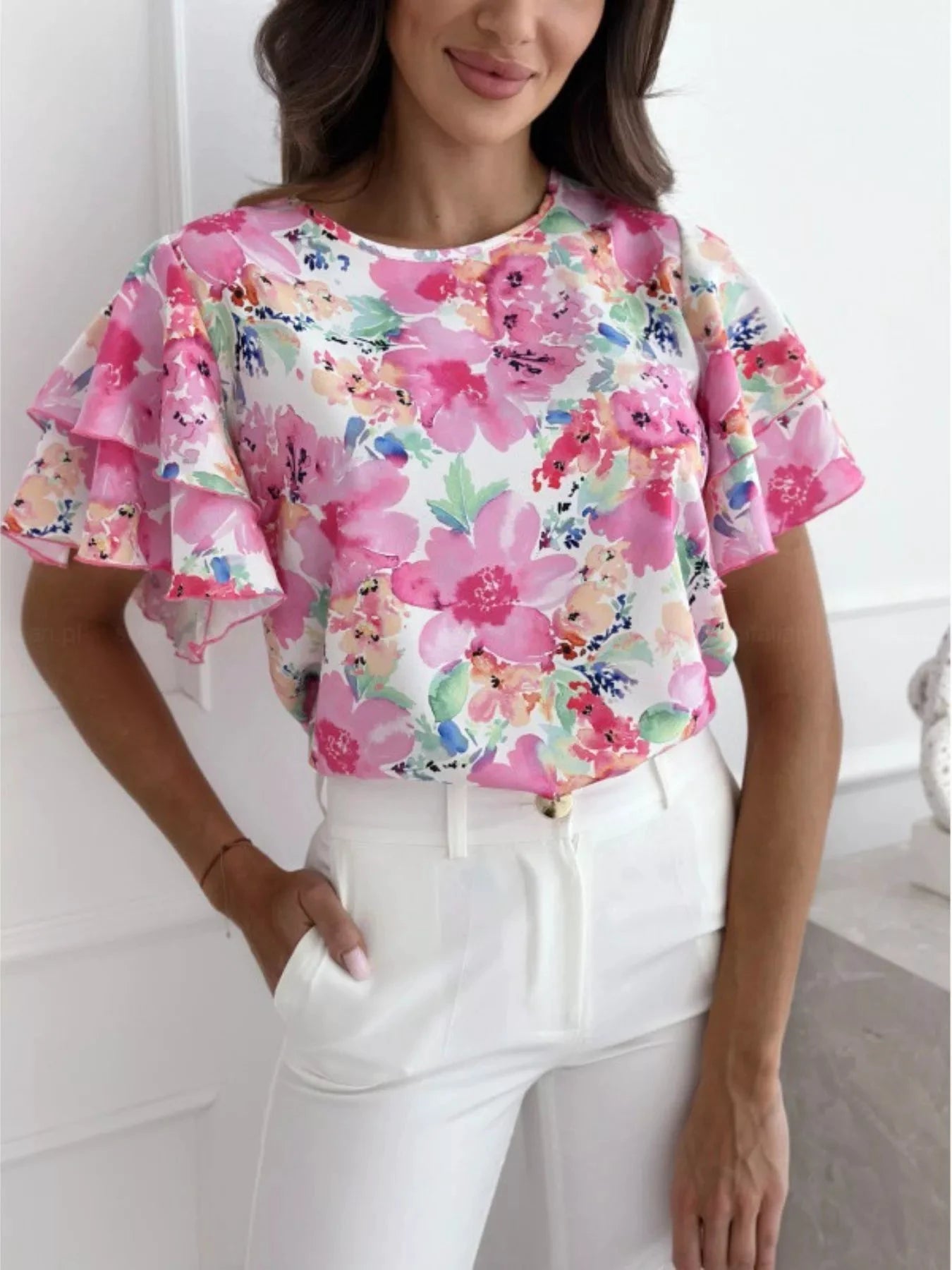 Floral Print Ruffle Sleeve Blouse by Trendsi