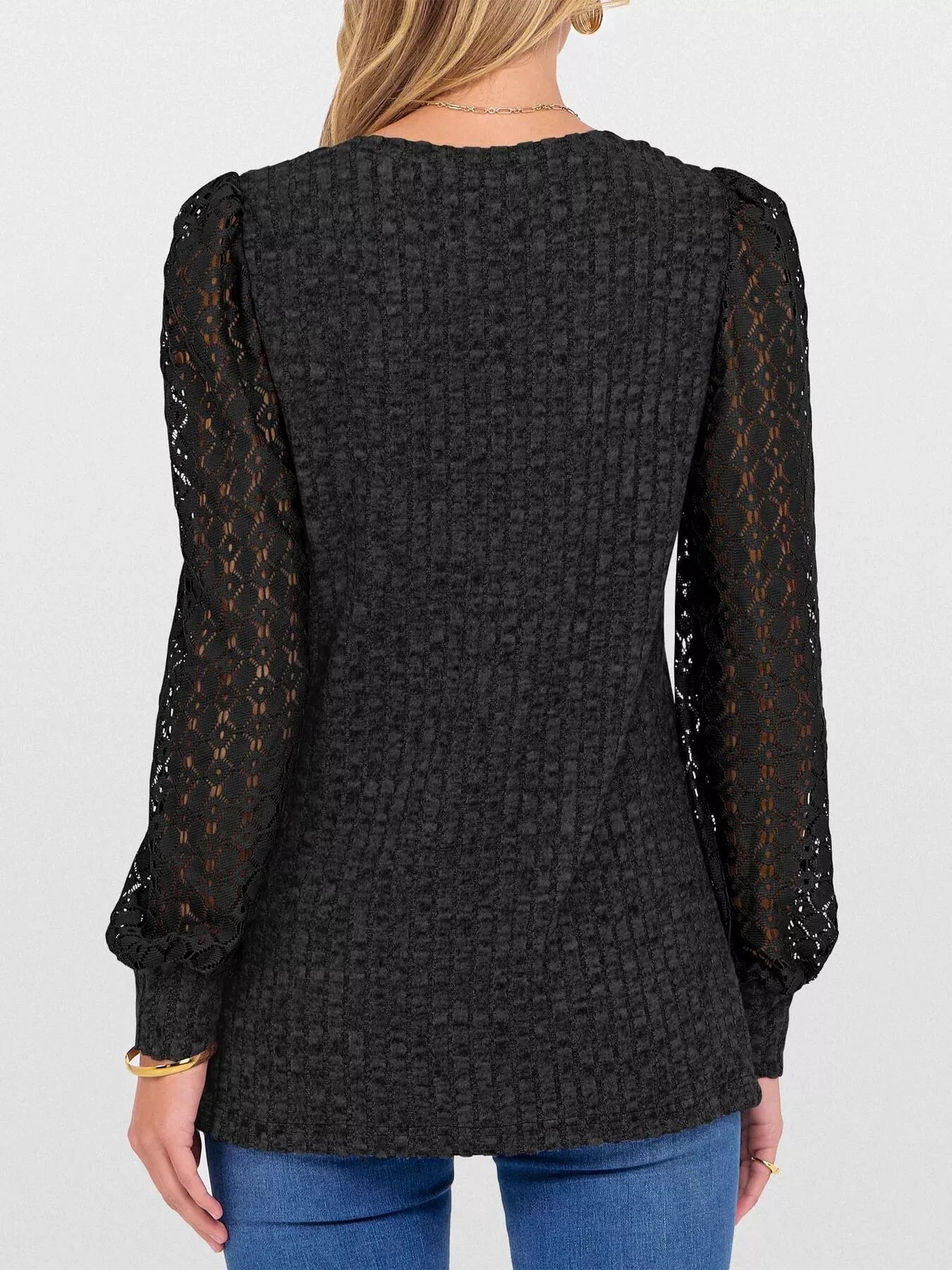 Lace Sleeve V-Neck T-Shirt by Trendsi