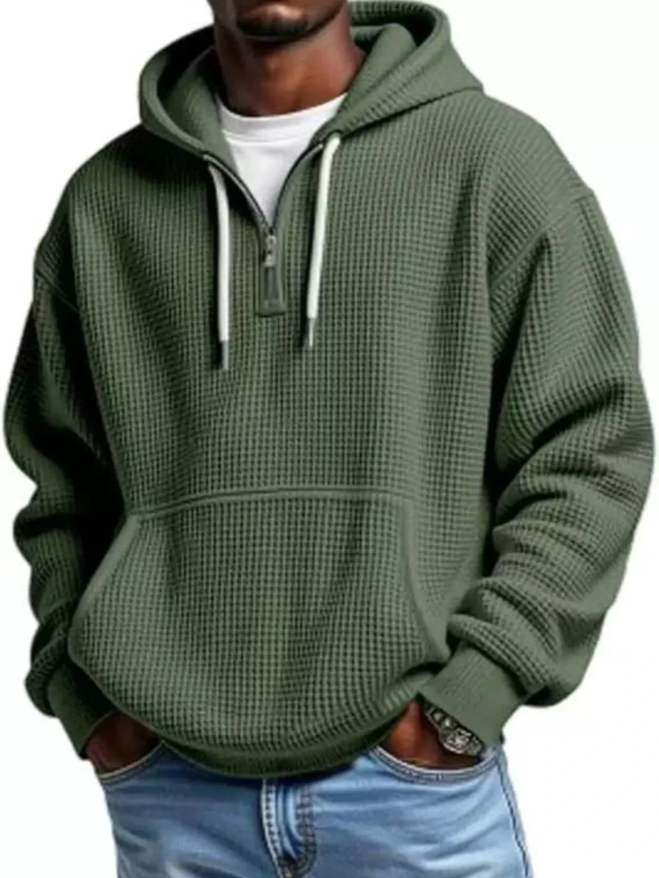 Men's Full Size Textured Waffle Knit Half-Zip Hoodie Plus Size by Trendsi