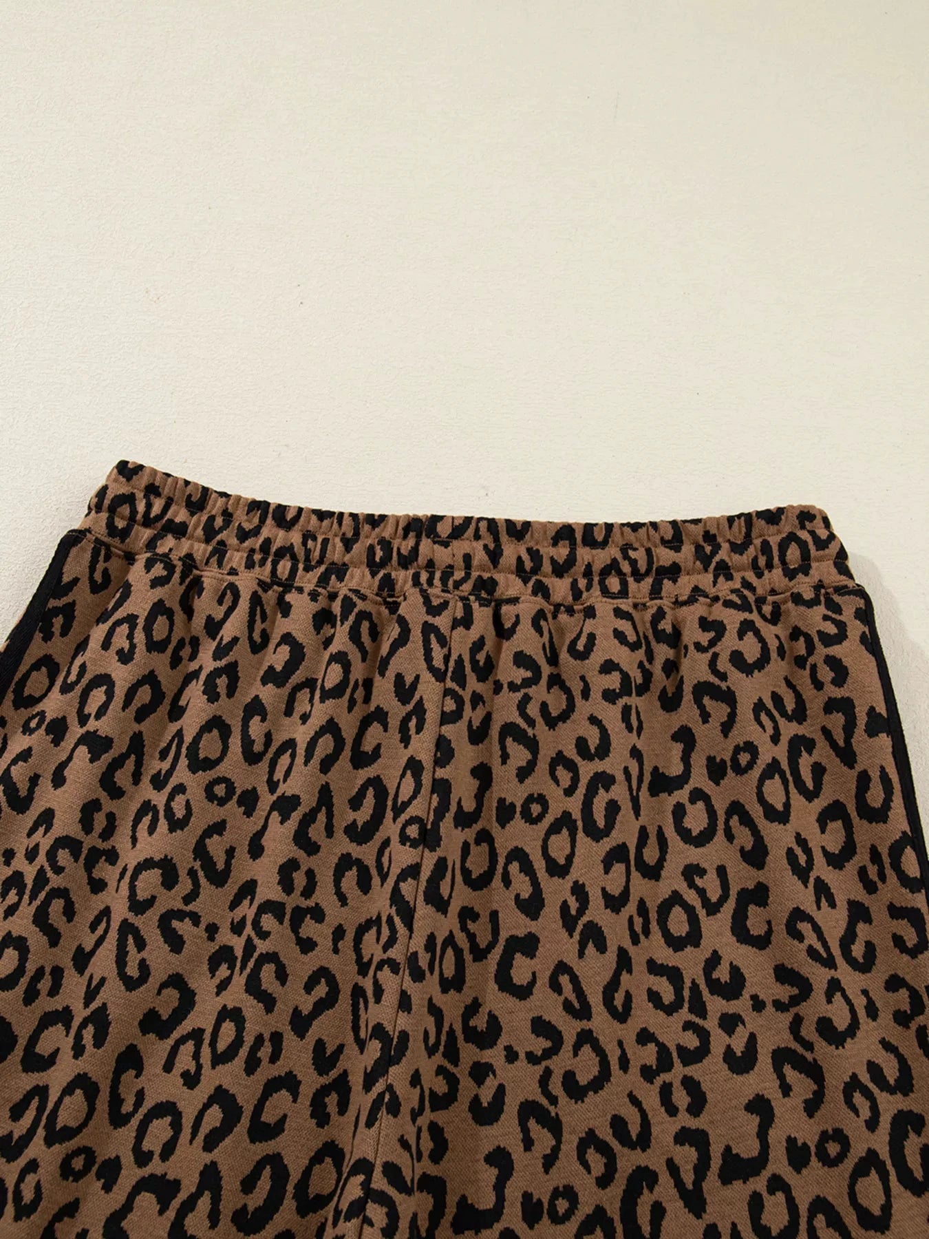 Striped Trim Leopard Long Sleeve Top Drawstring Pant Set by Trendsi