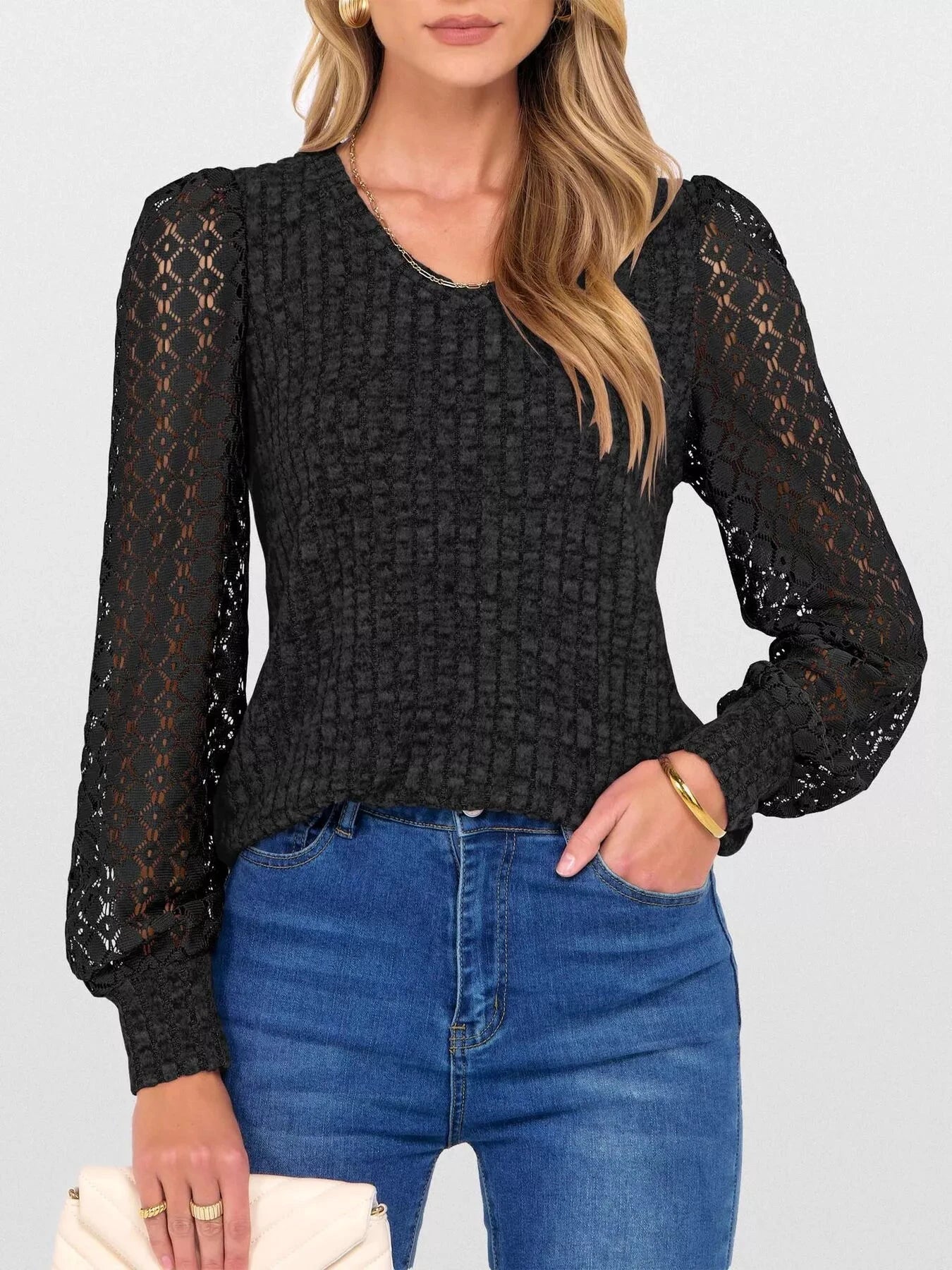 Lace Sleeve V-Neck T-Shirt by Trendsi