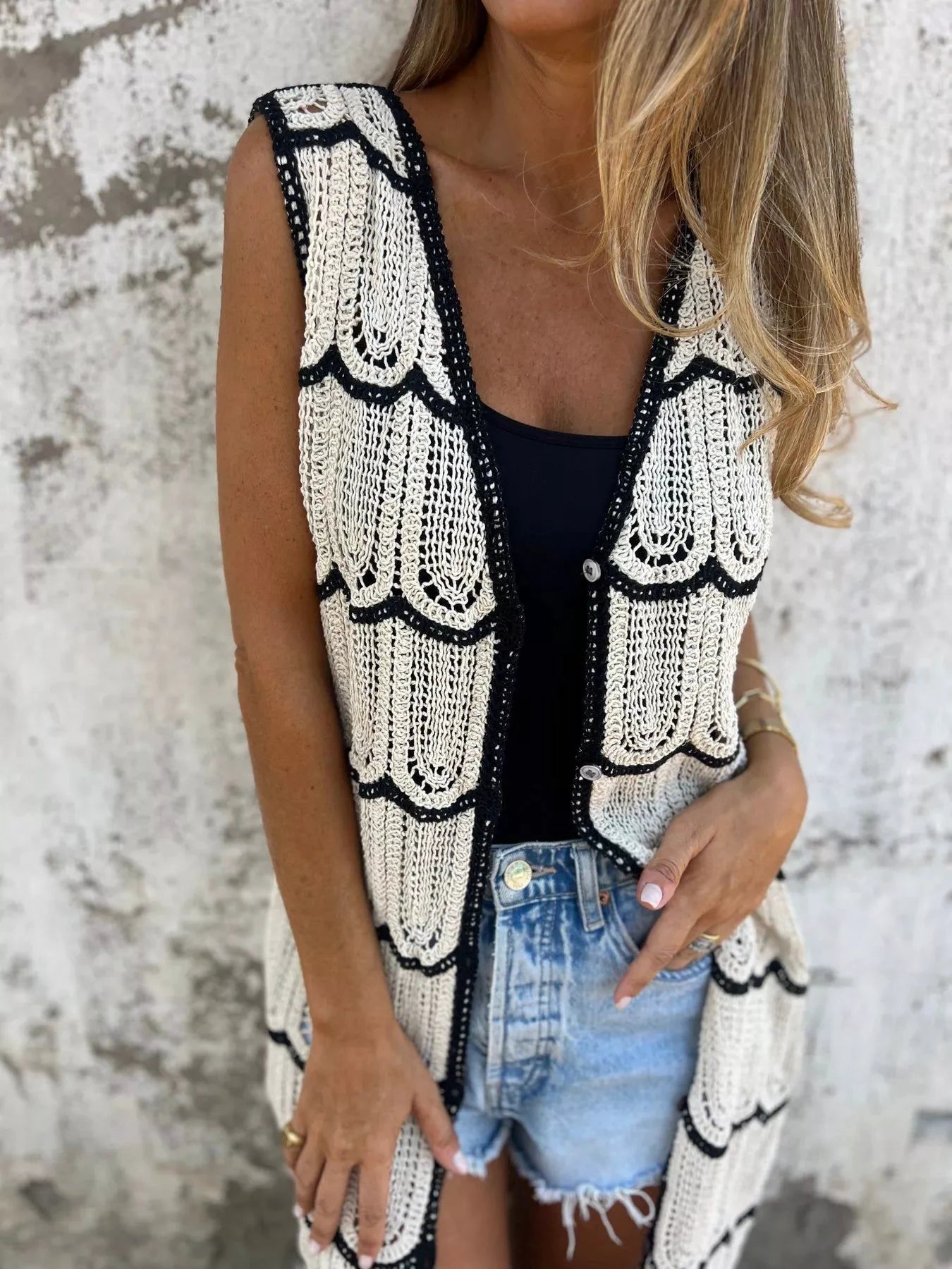 Sleeveless Crochet Longline Cardigan by Trendsi