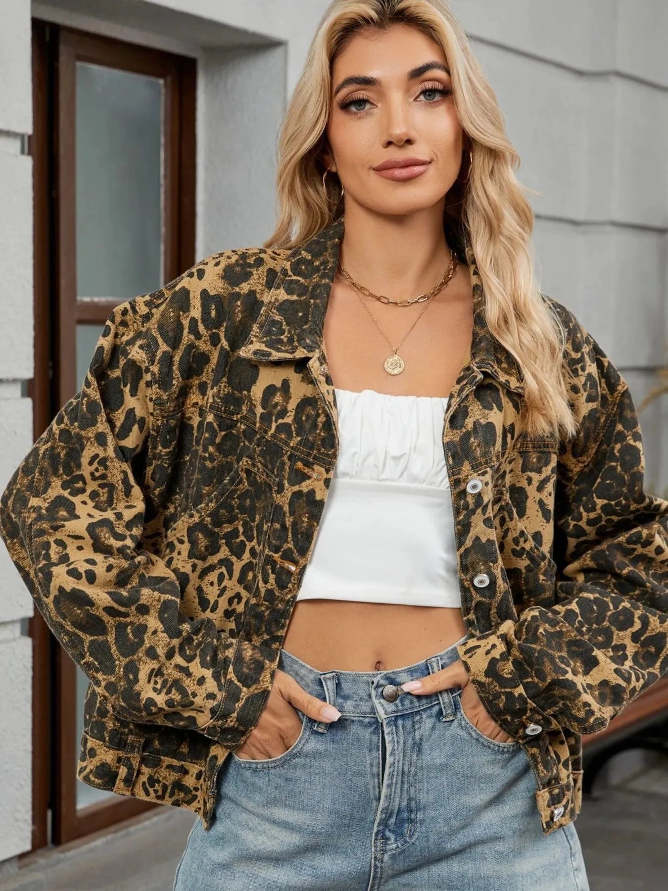 Leopard Print Button Up Denim Jacket by Trendsi