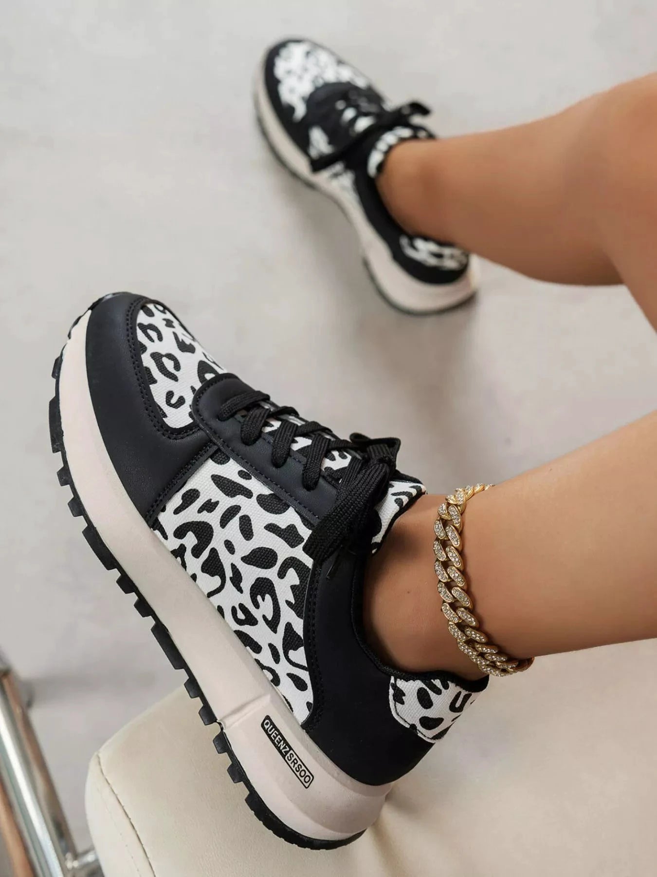 Round Toe Leopard Sneakers by Trendsi
