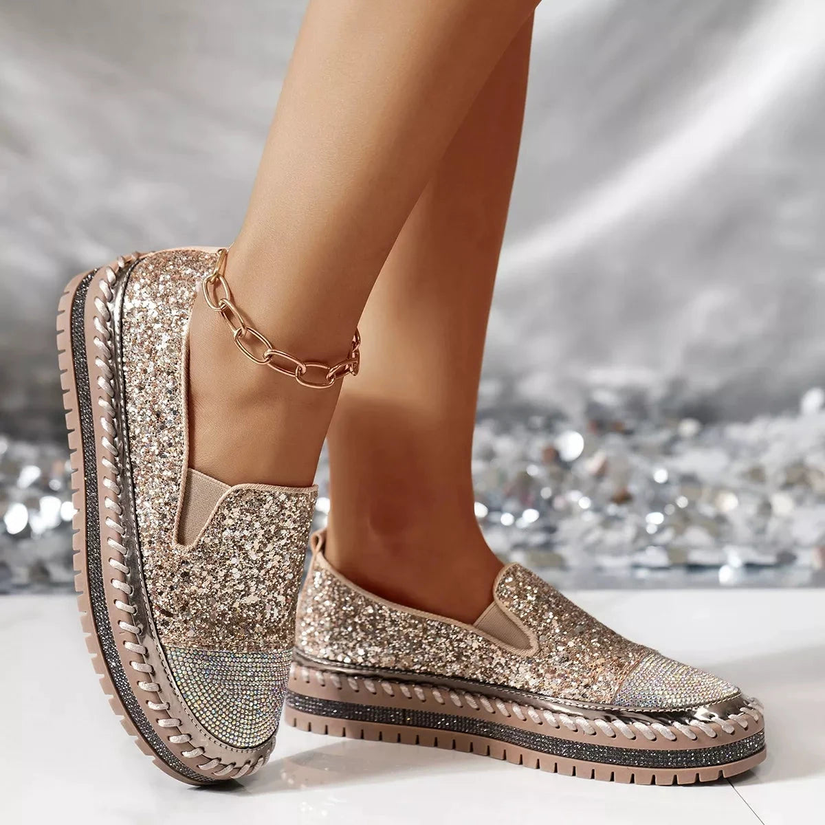 Rhinestone Sequin Round Toe Platform Loafers by Trendsi