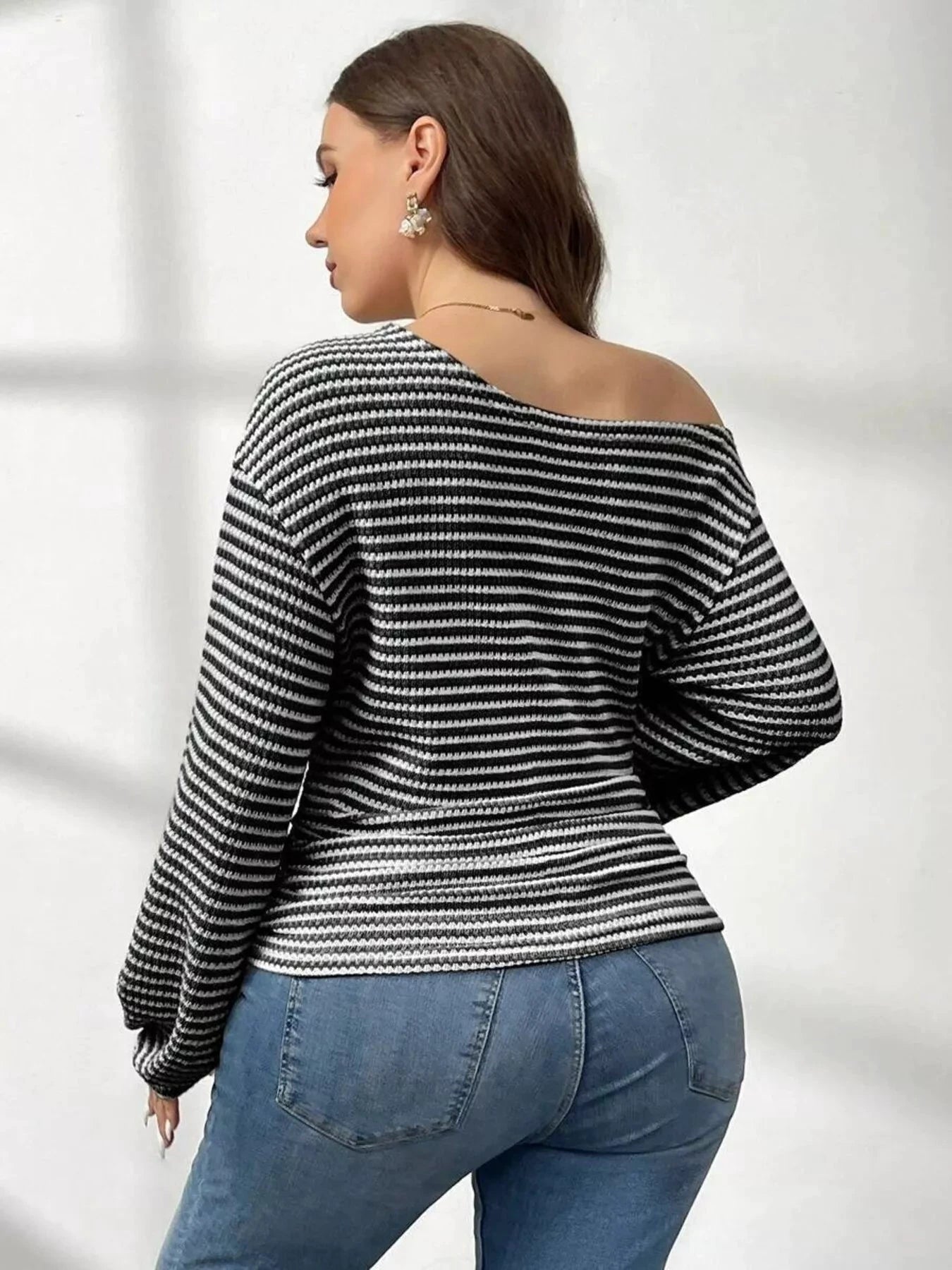 Plus Size Striped One-Shoulder Long Sleeve T-Shirt by Trendsi