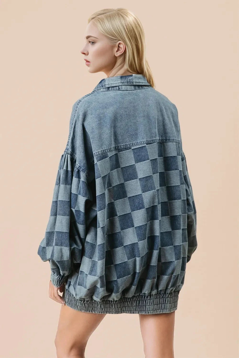 Double Take Checkered Button Up Denim Jacket by Trendsi