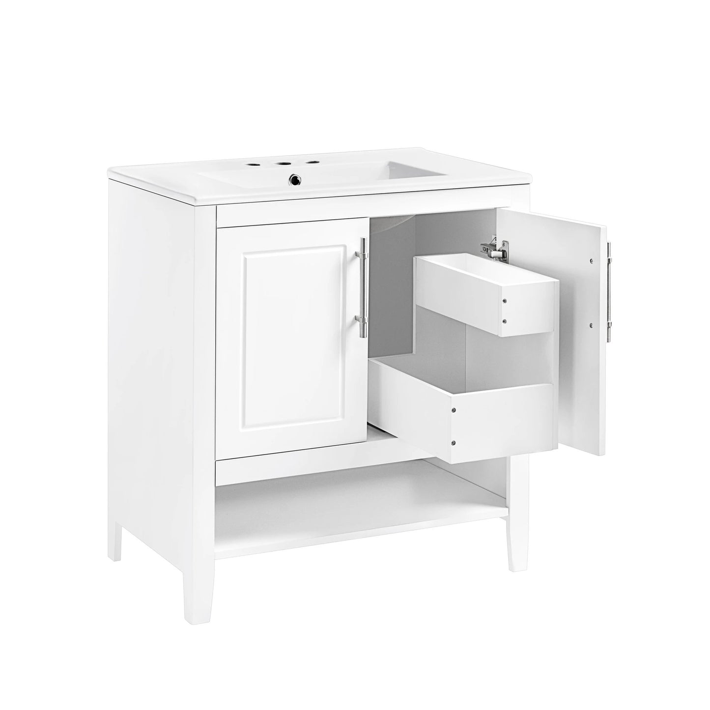 30" Bathroom Vanity with Sink Multi-functional Bathroom Cabinet with Doors and Drawers Solid Frame and MDF Board, White by eprolo