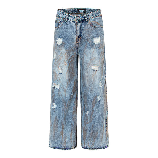 Washed Denim Pants with Dirty Fit, Oversized Straight Leg