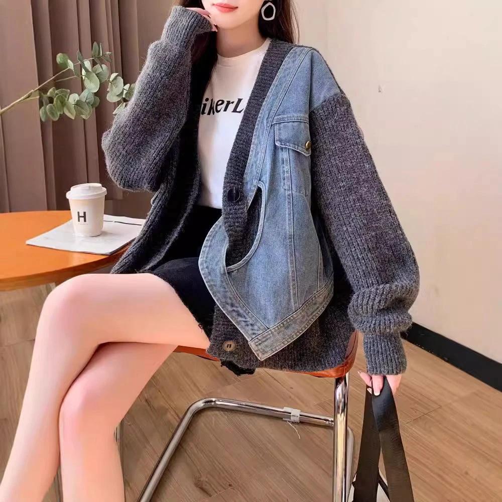 Designer-style Short Knit Denim Patchwork Cardigan for Women, Casual Loose Fit Sweater Coat by eprolo