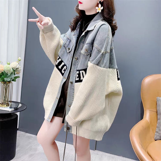 Fashion Design Letter Denim Spliced Knit Cardigan for Women, Thick Loose Outerwear Top