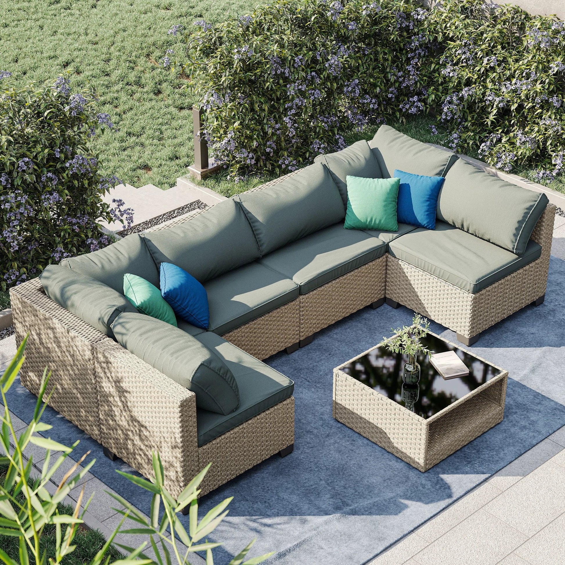 7-Piece Patio Furniture Set, All-Weather Boho Outdoor Conversation Set Sectional Sofa with Water Resistant Grey Thick Cushions by eprolo