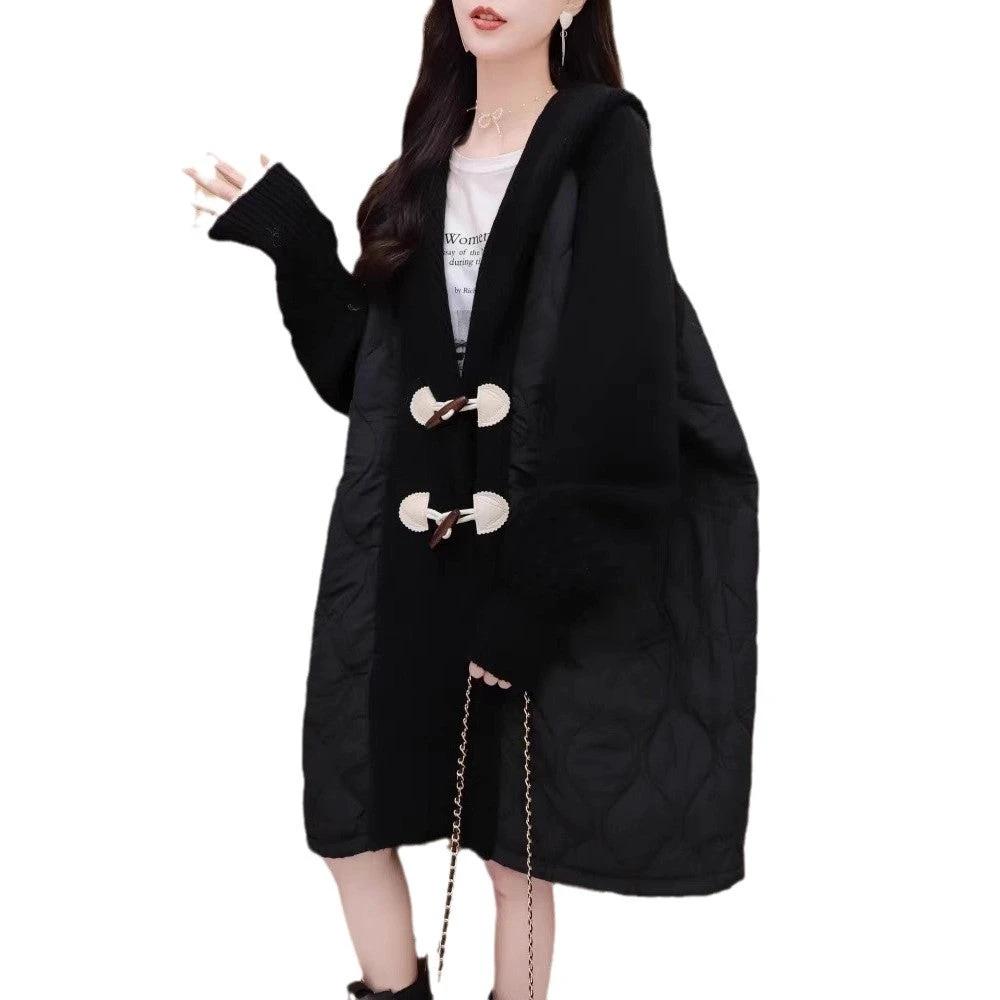 Plus Size Patchwork Hooded Women's Winter Toggle Button Loose Mid-Length Cotton Coat by eprolo