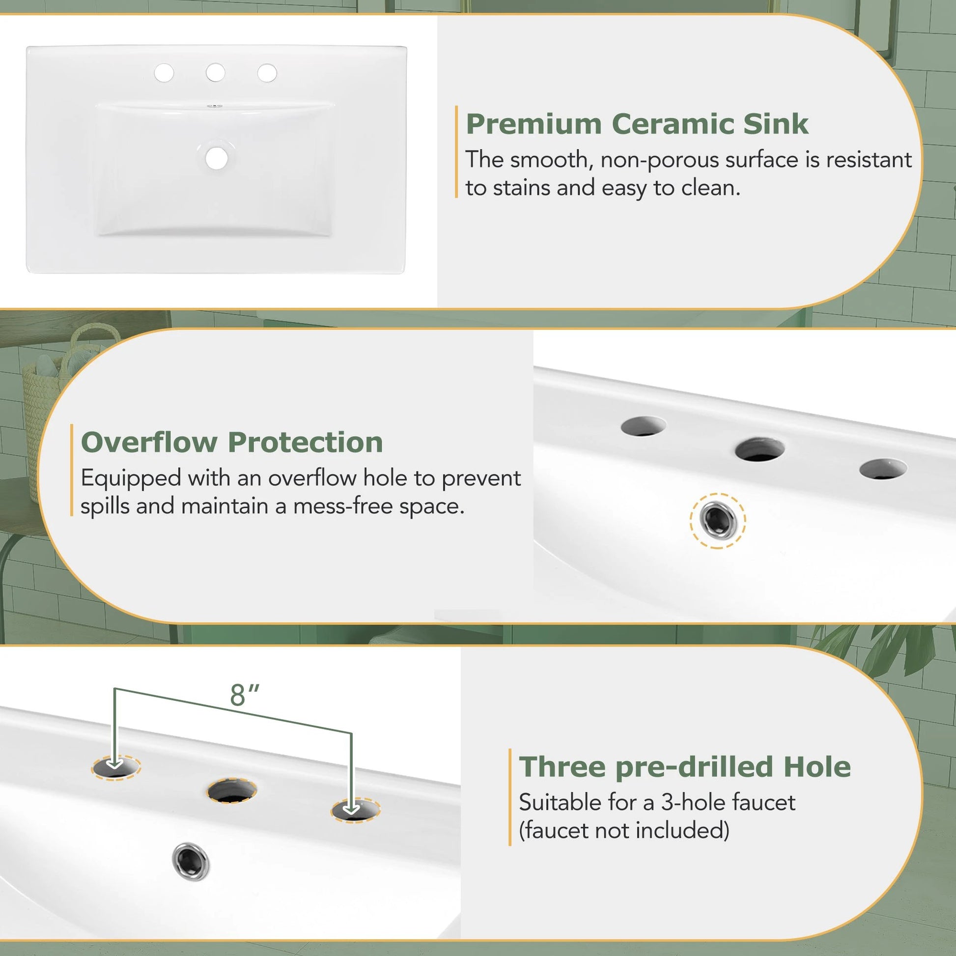 30-Inch Green Bathroom Vanity with Ceramic Sink and Ample Storage - Ideal Choice for Small Bathrooms by eprolo