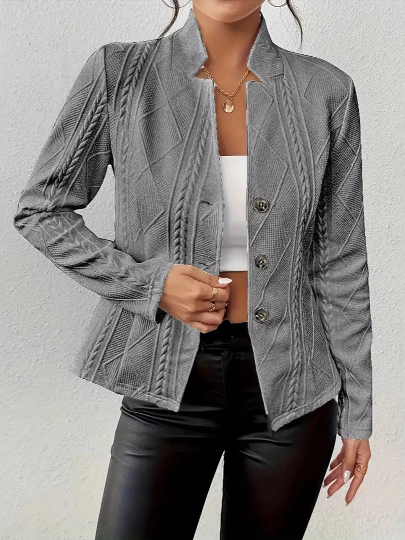 Textured Knit Button-Front Blazer by Trendsi