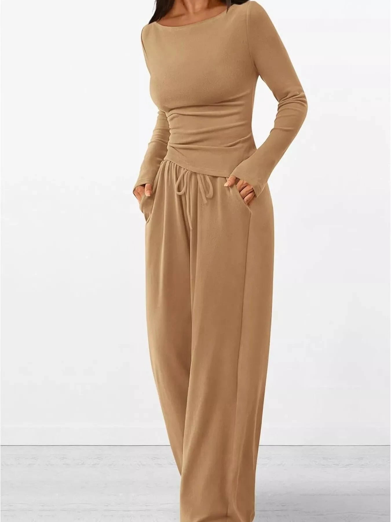 Long Sleeve Top and Wide Leg Pants Set by Trendsi