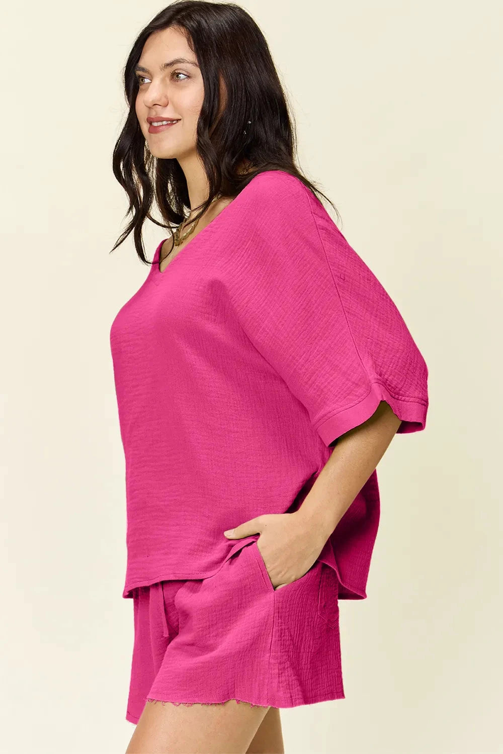 Double Take Texture Half Sleeve T-Shirt and Drawstring Shorts Set by Trendsi